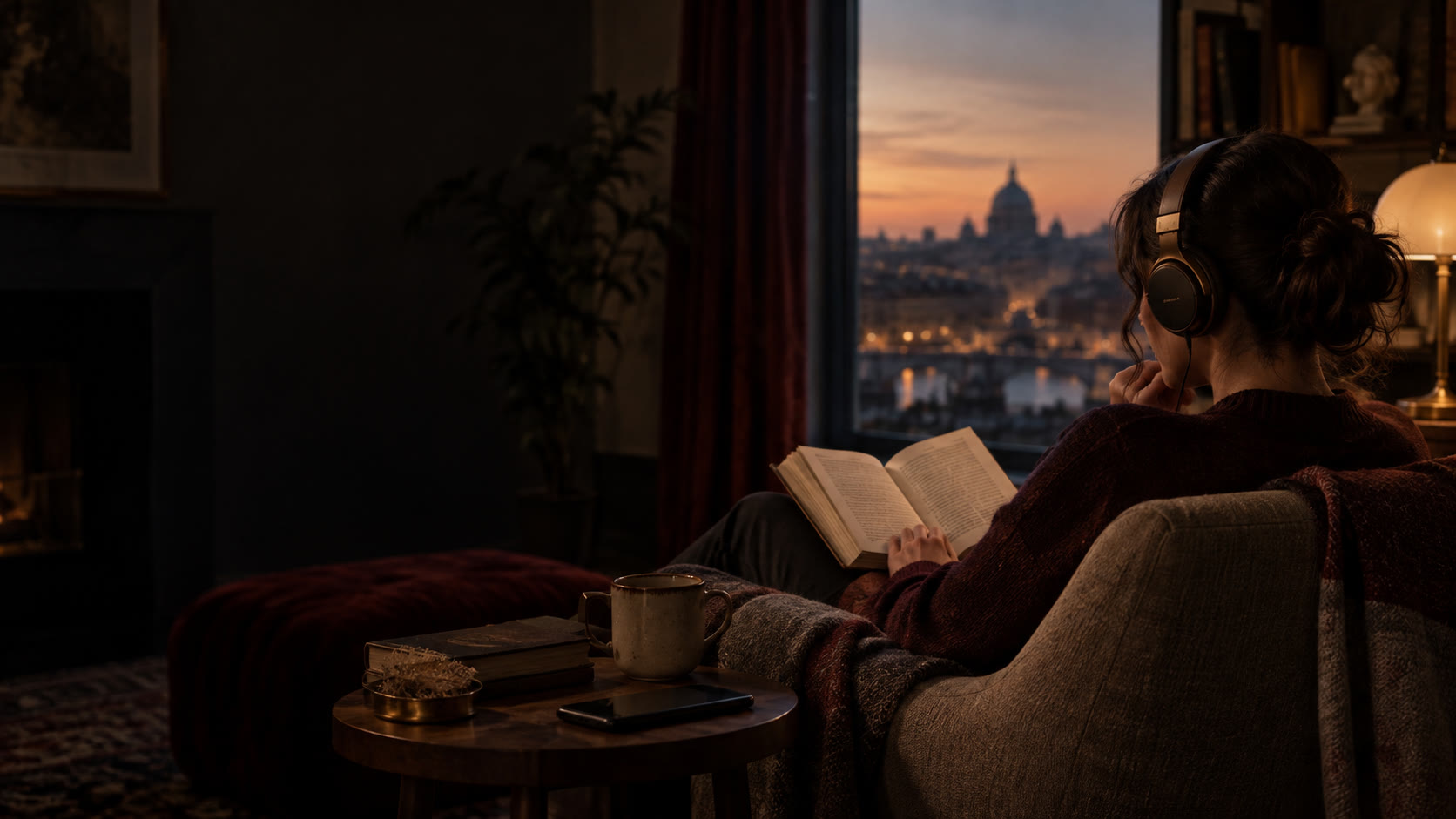 Listener enjoying an audiobook and following the printed book at dusk