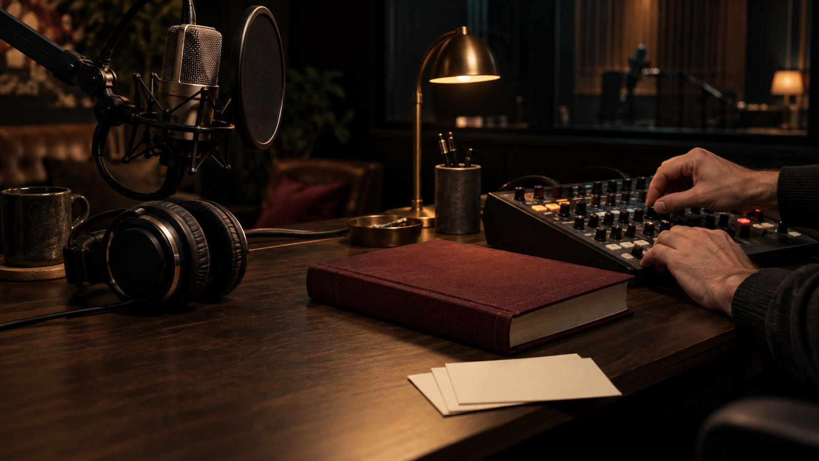 Audio production desk with microphone, headphones and mixing console
